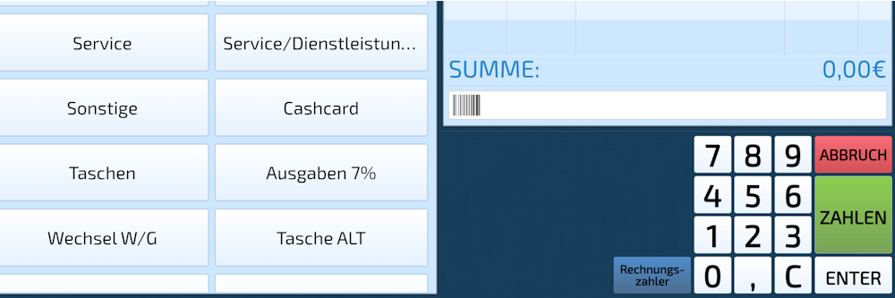Ausschnitt aus der Touch-Kasse des Customer Administration Tools