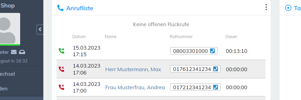 Auswertung für Anrufe und Rückrufe