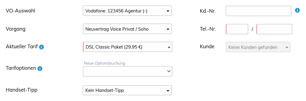 Kundenteil der Vertragserfassung