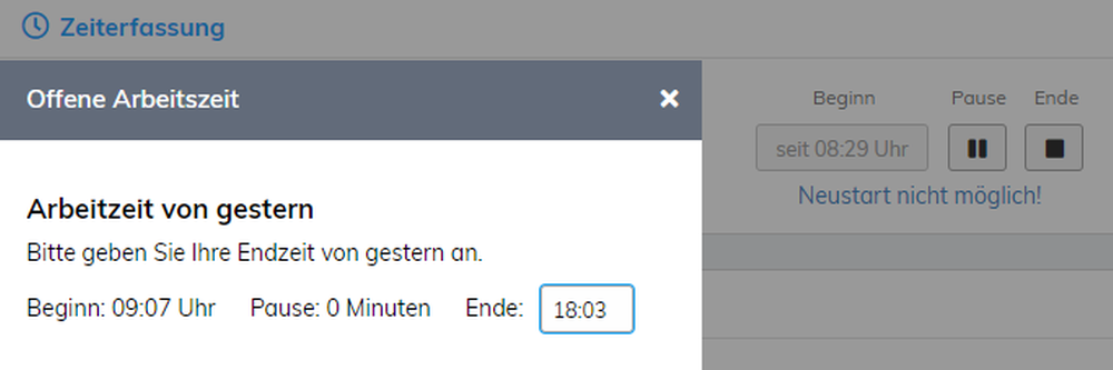 Arbeitszeit beenden Fenster und Dashboard-Box