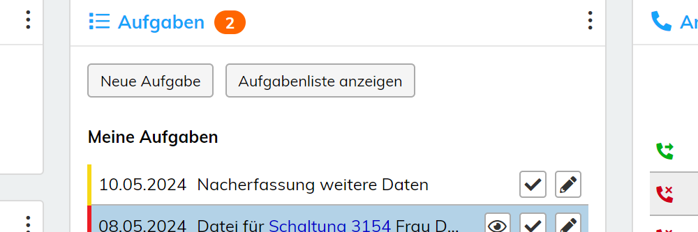 Aufgaben auf dem Dashboard