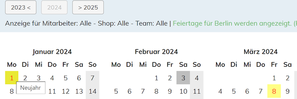 Anzeige von Feiertagen