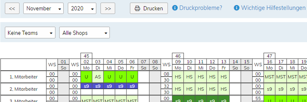 Oberfläche des C.A.T. Dienstplaners