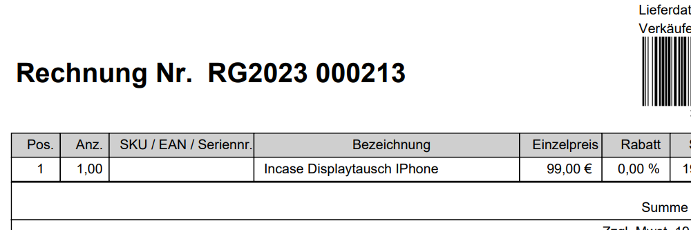 Rechnungsposition zur Reparatur