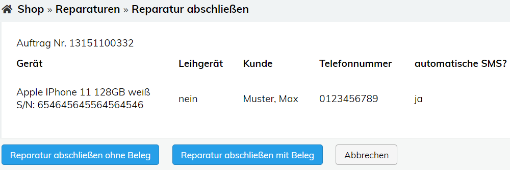 Abschluss der Reparatur