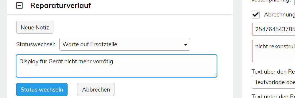 Statuswechsel in der Reparatur