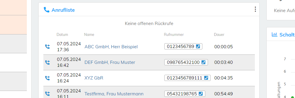 Anrufliste auf dem Dashboard