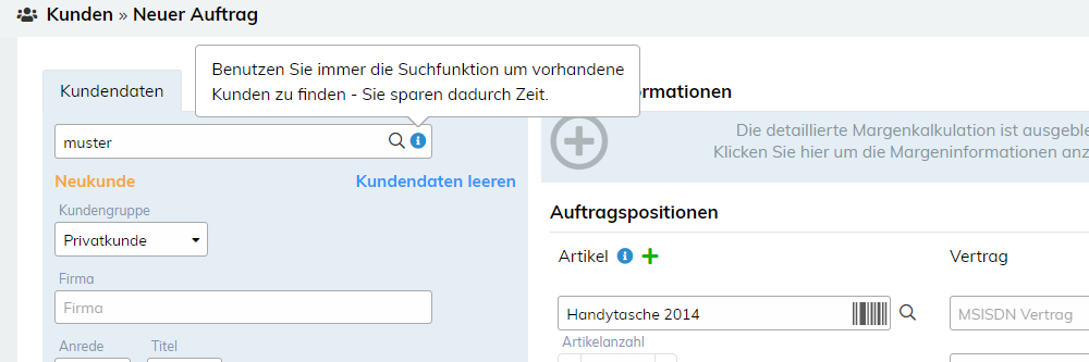 Auftragserfassung Kundensuche