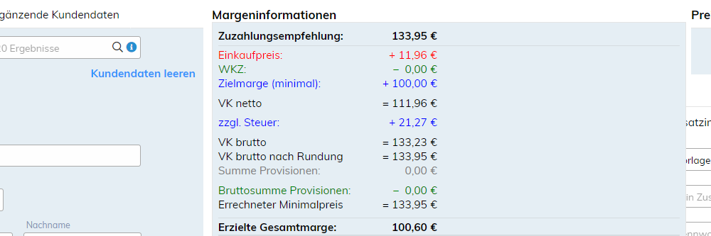 Margenrechner in der Auftragserfassung